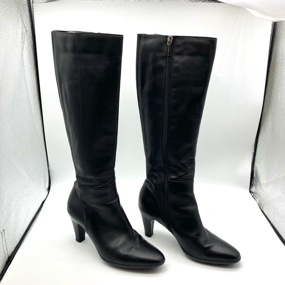 Aquatalia Black Leather Long Tall Heeled Boots - Picture 2 of 16
